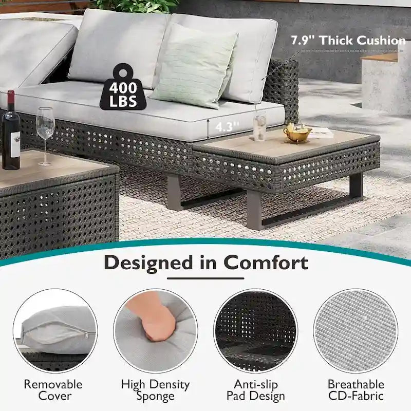 5-Piece Weave Patio Sectional Furniture Set with Extendable Coffee Table with Ice Bucket
