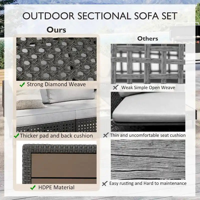 5-Piece Weave Patio Sectional Furniture Set with Extendable Coffee Table with Ice Bucket