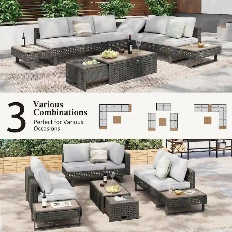 5-Piece Weave Patio Sectional Furniture Set with Extendable Coffee Table with Ice Bucket
