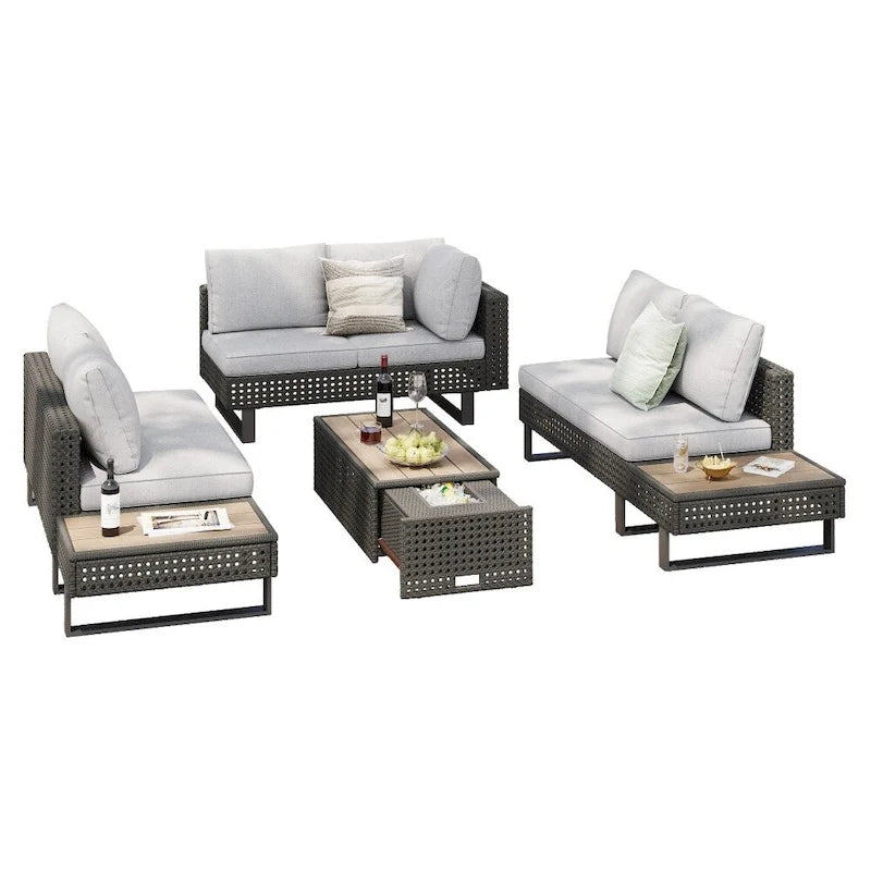 5-Piece Weave Patio Sectional Furniture Set with Extendable Coffee Table with Ice Bucket