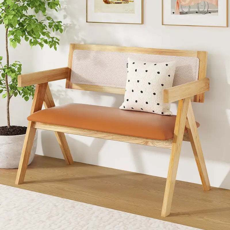 Gymax Rubber Wood Dining Bench w/Armrest Sherpa Upholstered Backrest