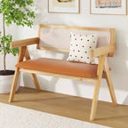 Gymax Rubber Wood Dining Bench w/Armrest Sherpa Upholstered Backrest