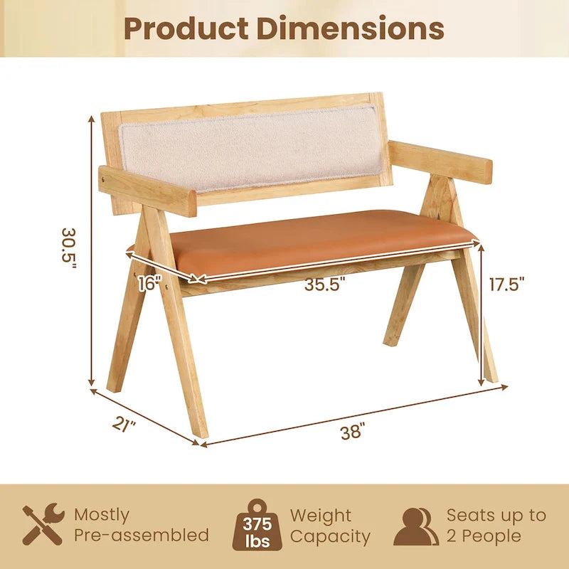 Gymax Rubber Wood Dining Bench w/Armrest Sherpa Upholstered Backrest