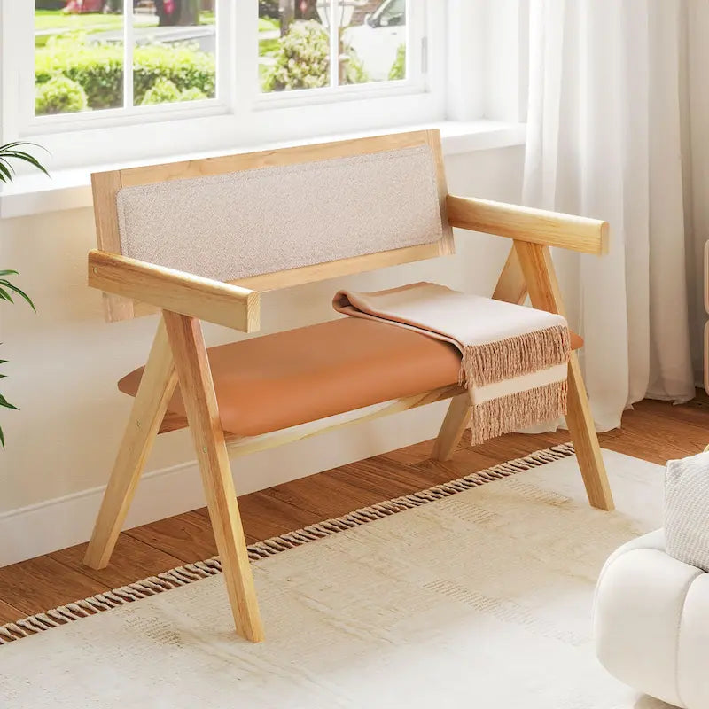 Gymax Rubber Wood Dining Bench w/Armrest Sherpa Upholstered Backrest