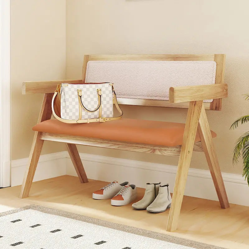Gymax Rubber Wood Dining Bench w/Armrest Sherpa Upholstered Backrest