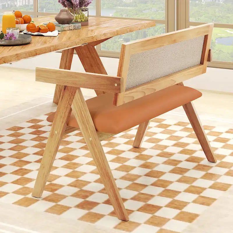 Gymax Rubber Wood Dining Bench w/Armrest Sherpa Upholstered Backrest