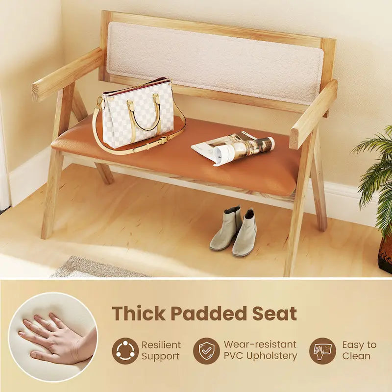 Gymax Rubber Wood Dining Bench w/Armrest Sherpa Upholstered Backrest