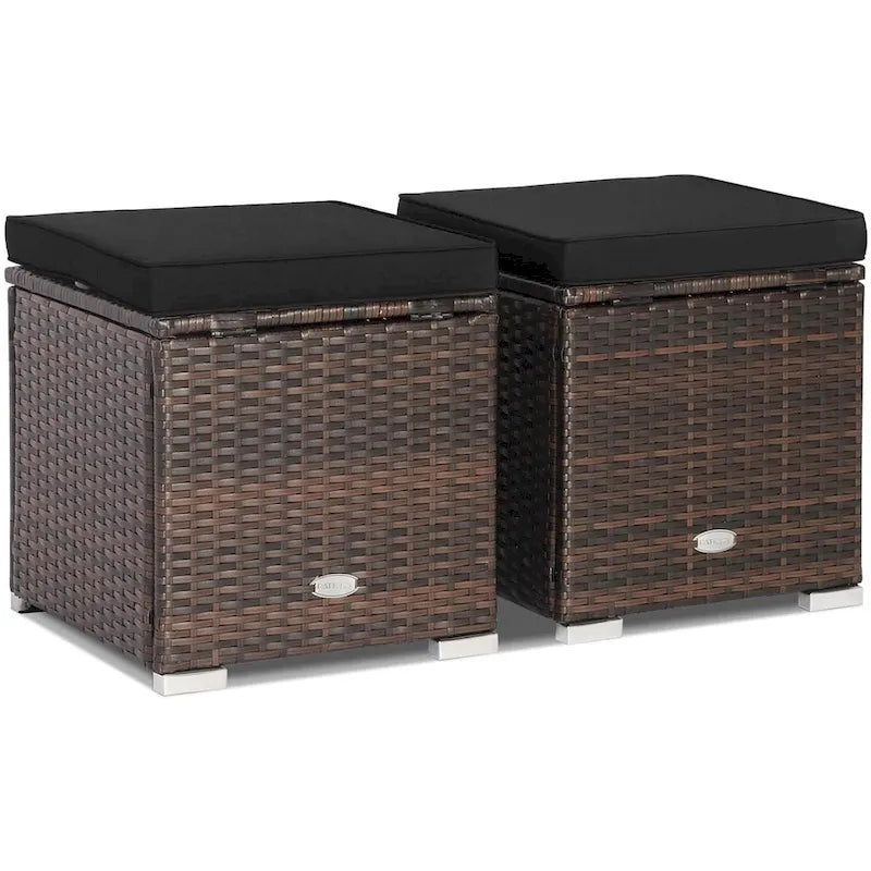 Gymax 2PCS Rattan Ottomans Seat Side Table Storage Box Footstool w/