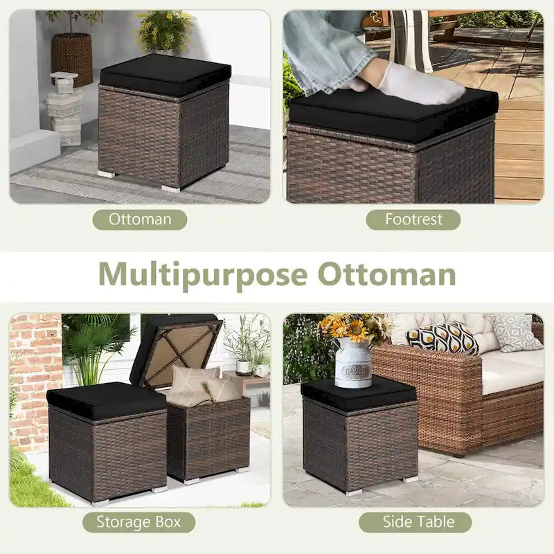 Gymax 2PCS Rattan Ottomans Seat Side Table Storage Box Footstool w/