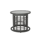 Outdoor Round Side End Table with Woven Accents, 18 Inch, Gray Rattan