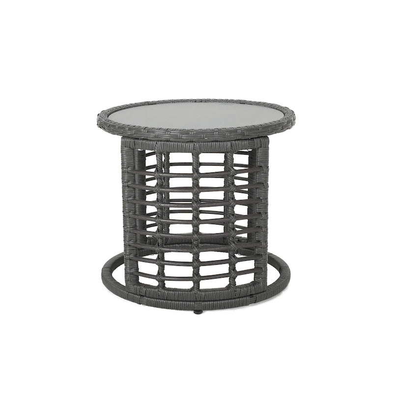 Outdoor Round Side End Table with Woven Accents, 18 Inch, Gray Rattan