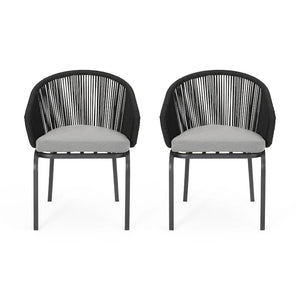 Candy Outdoor Dining Chair Set of 2, Gray Fabric, Black Metal, Woven Rope