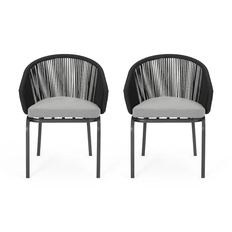 Candy Outdoor Dining Chair Set of 2, Gray Fabric, Black Metal, Woven Rope