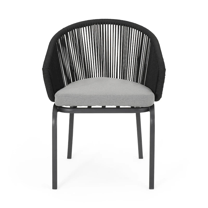 Candy Outdoor Dining Chair Set of 2, Gray Fabric, Black Metal, Woven Rope