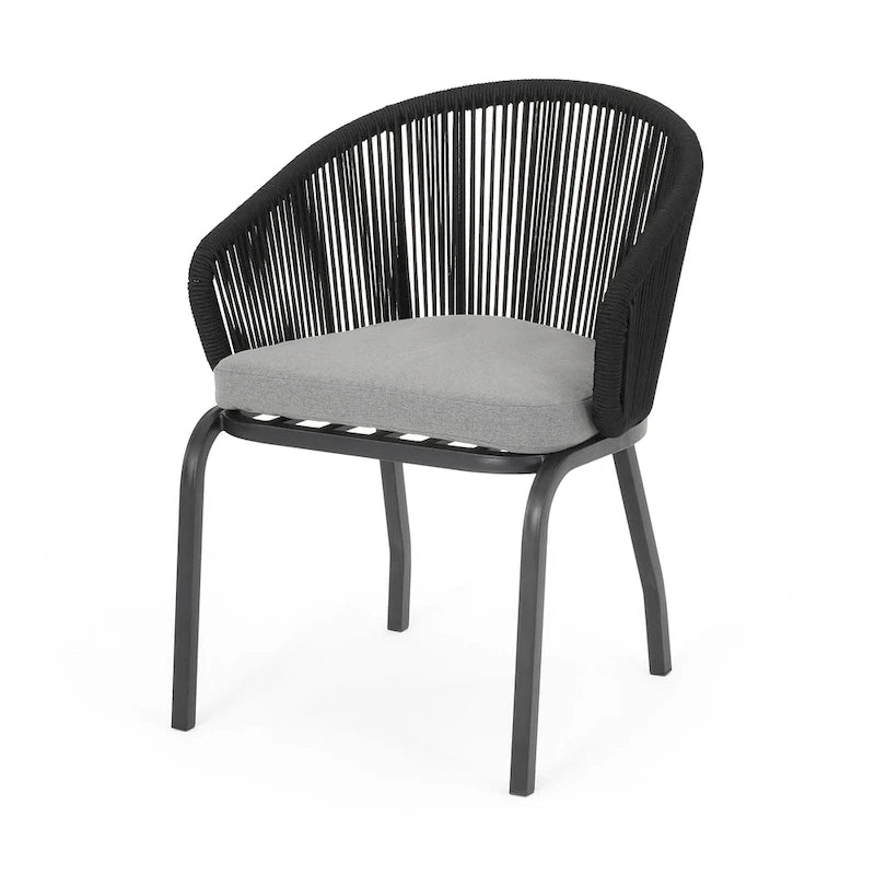 Candy Outdoor Dining Chair Set of 2, Gray Fabric, Black Metal, Woven Rope