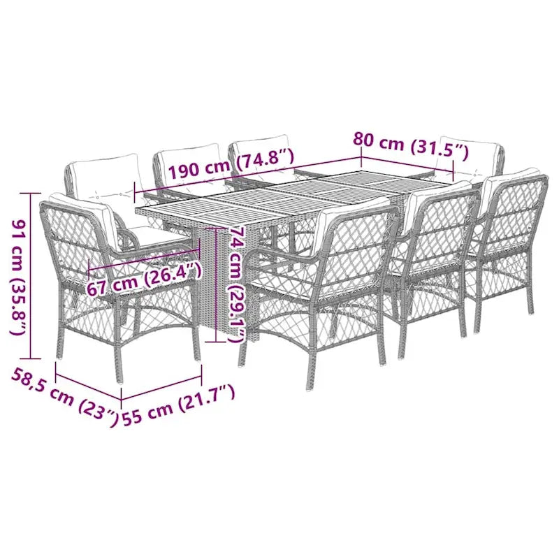 vidaXL Patio Dining Set with Cushions Table and Chair 7 Piece Poly Rattan