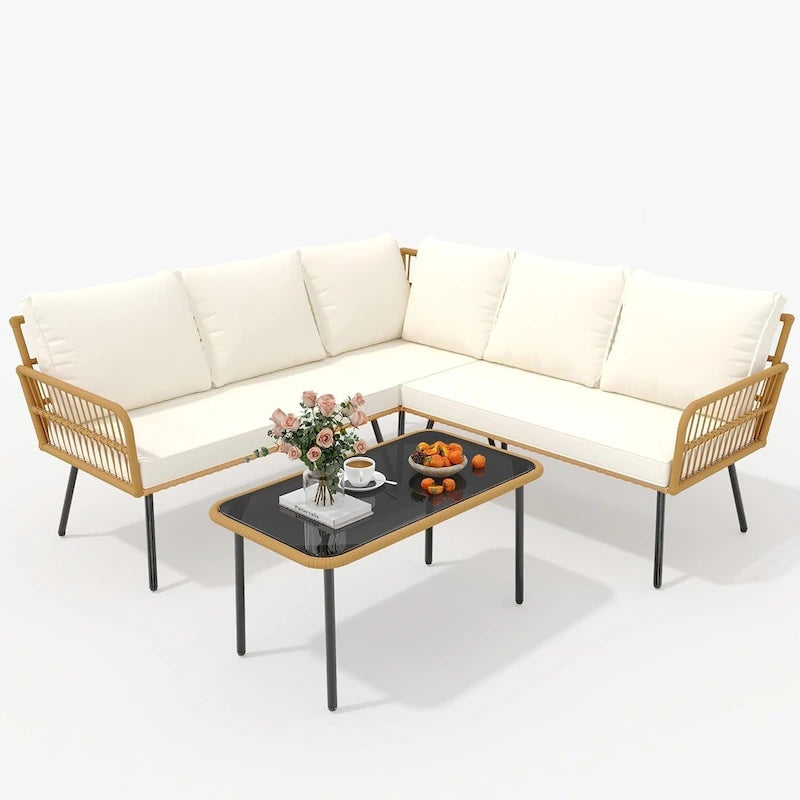 L-Shaped Rattan Outdoor Sectional Sofa Set with Coffee Table - 4 Pieces