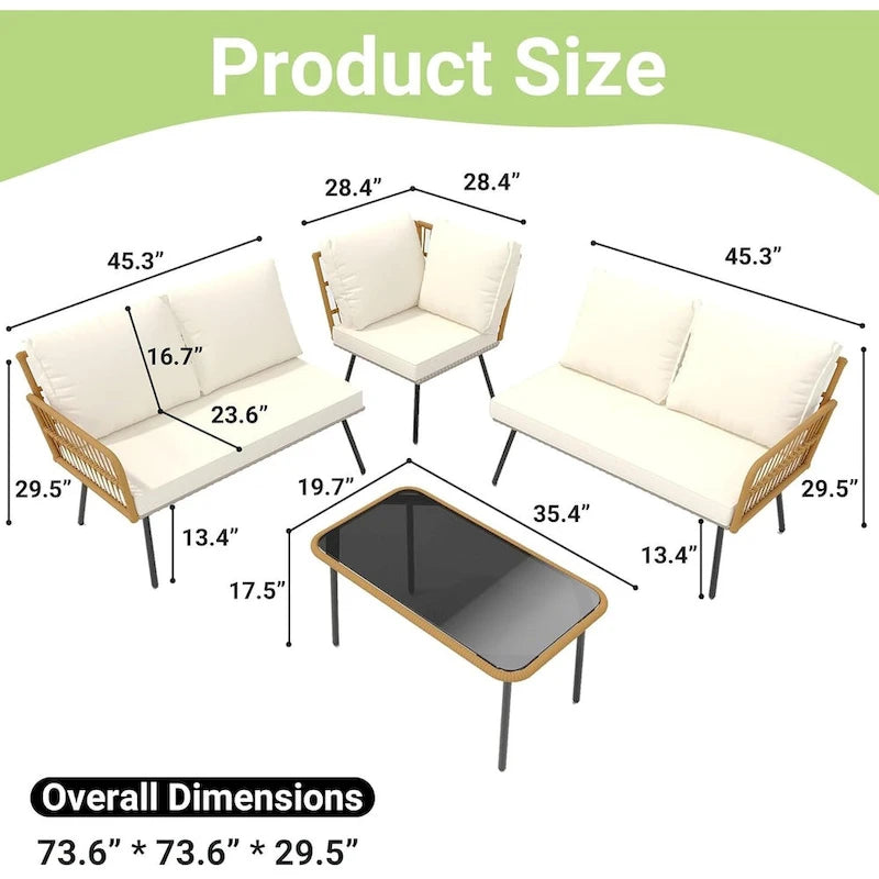 L-Shaped Rattan Outdoor Sectional Sofa Set with Coffee Table - 4 Pieces