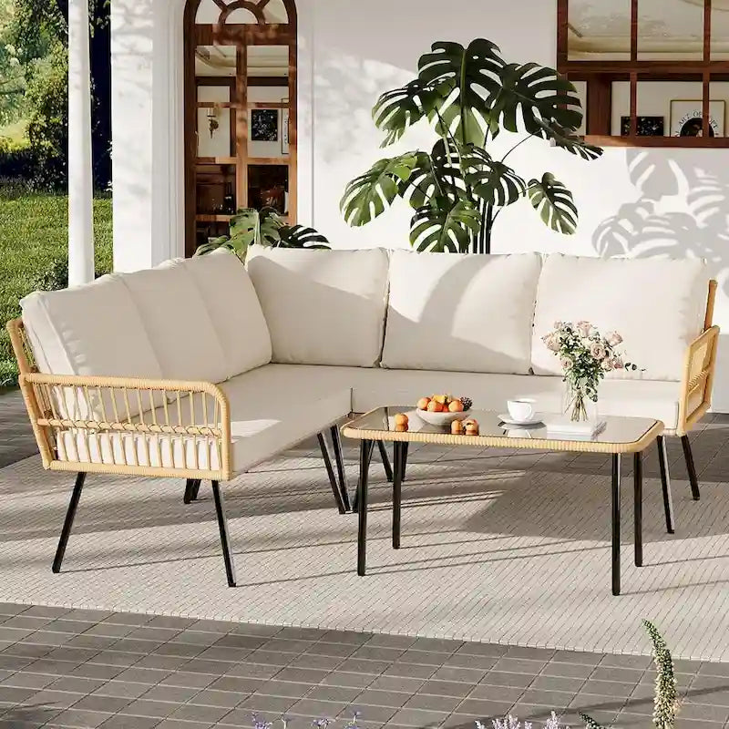 L-Shaped Rattan Outdoor Sectional Sofa Set with Coffee Table - 4 Pieces