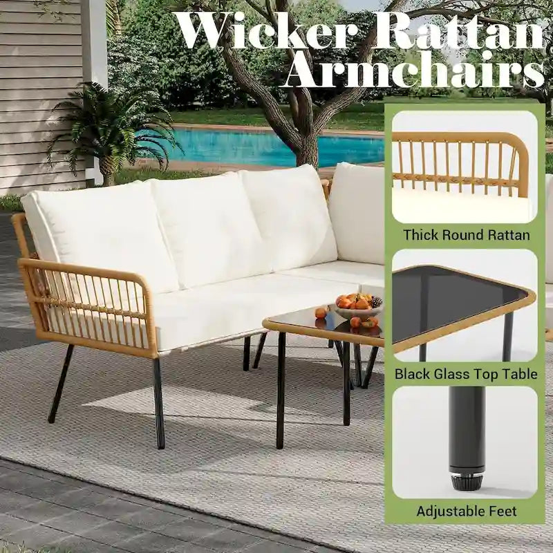 L-Shaped Rattan Outdoor Sectional Sofa Set with Coffee Table - 4 Pieces