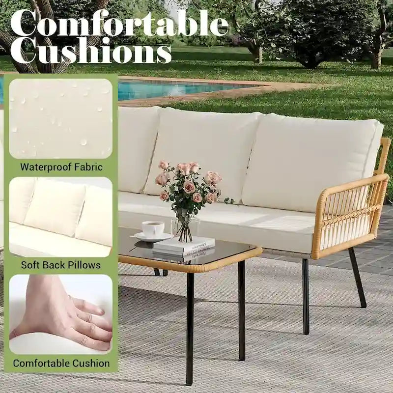 L-Shaped Rattan Outdoor Sectional Sofa Set with Coffee Table - 4 Pieces
