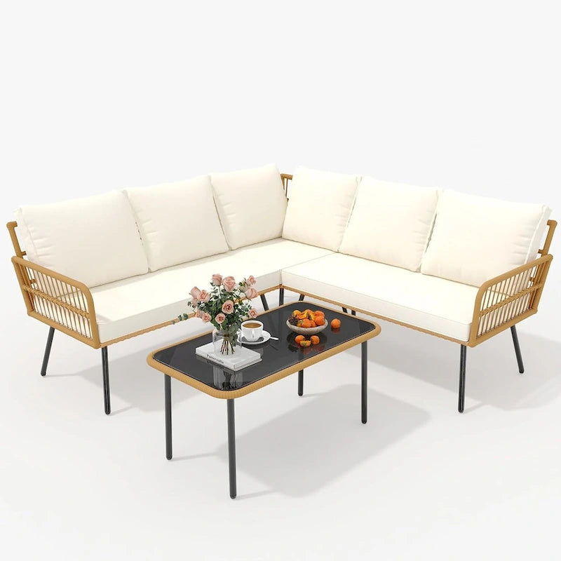 L-Shaped Rattan Outdoor Sectional Sofa Set with Coffee Table - 4 Pieces