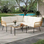 L-Shaped Rattan Outdoor Sectional Sofa Set with Coffee Table - 4 Pieces