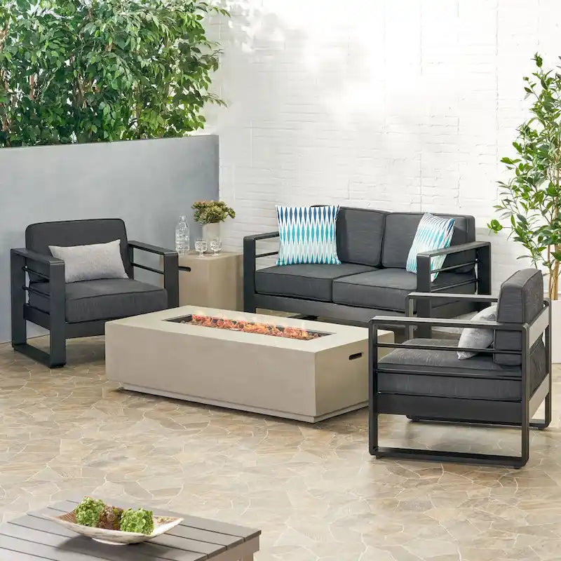 Black Aluminum Outdoor Fire Pit Chat Set 4-Seater