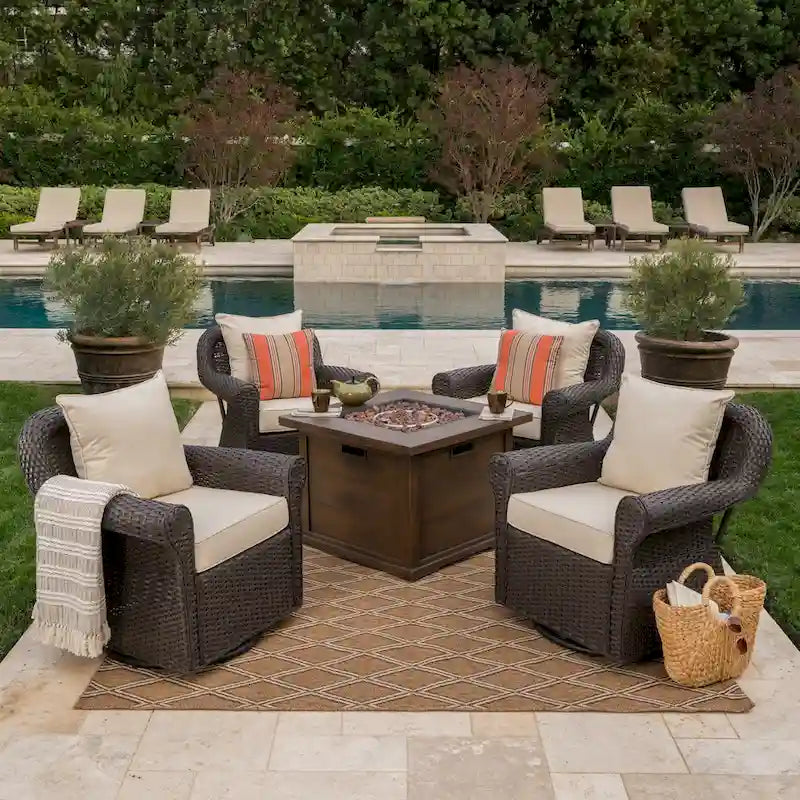 Venti Outdoor 4-piece Wicker Aluminum Swivel Club Chair Set with Square Firepit by Christopher Knight Home