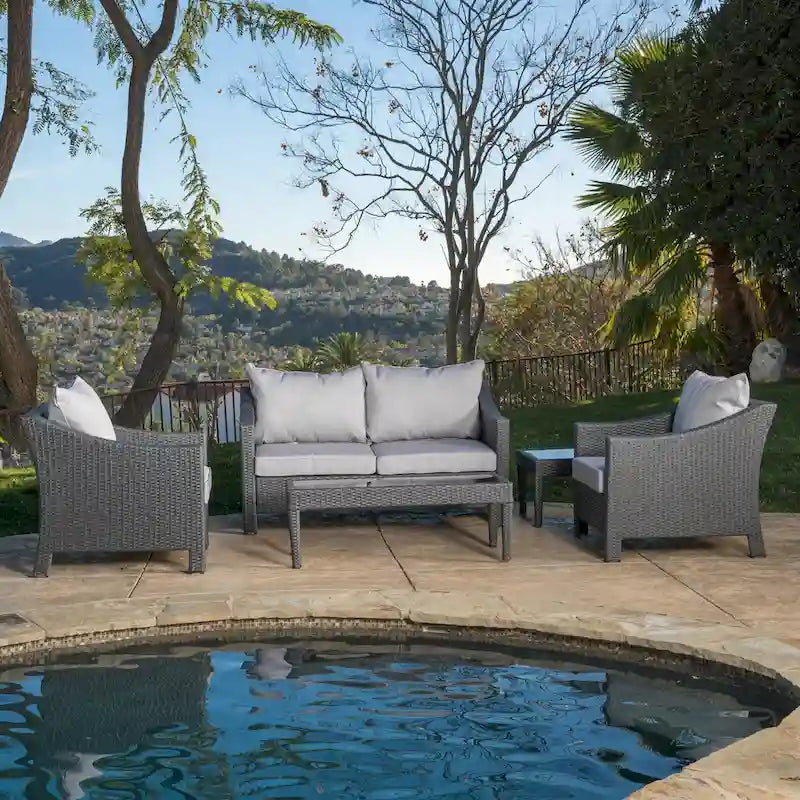 Grey Wicker Outdoor Chat Set 5-Piece with Loveseat Chairs Coffee Table