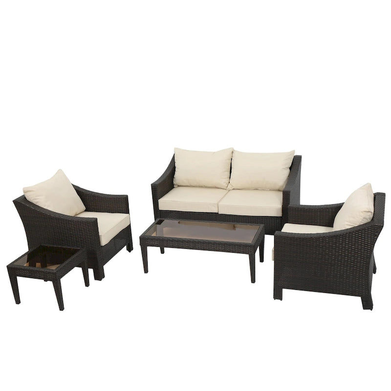 Grey Wicker Outdoor Chat Set 5-Piece with Loveseat Chairs Coffee Table