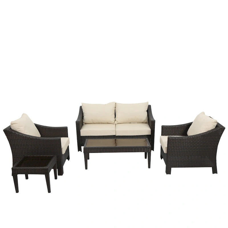 Grey Wicker Outdoor Chat Set 5-Piece with Loveseat Chairs Coffee Table
