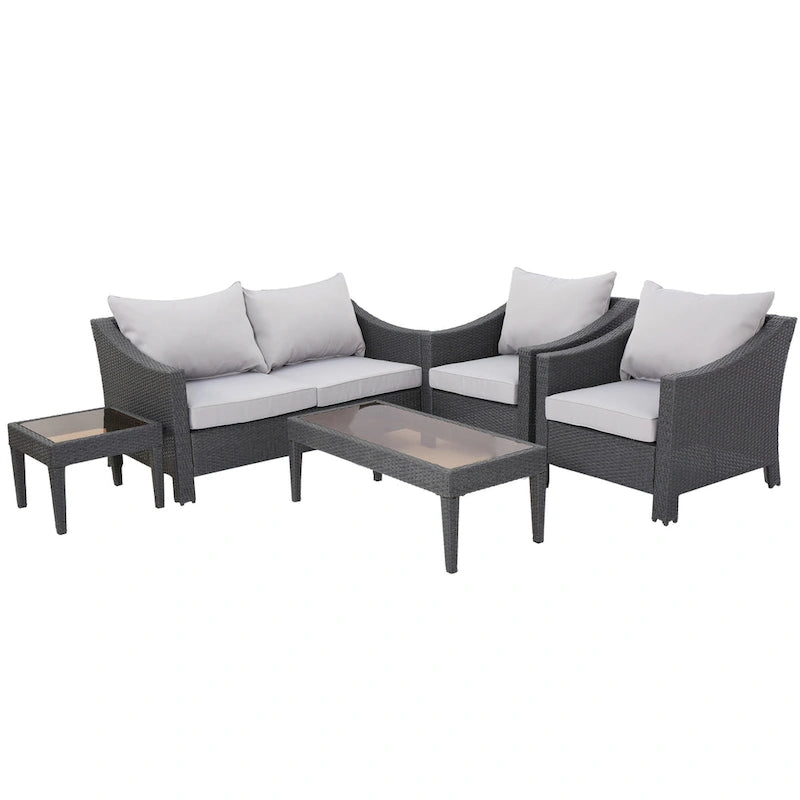 Grey Wicker Outdoor Chat Set 5-Piece with Loveseat Chairs Coffee Table