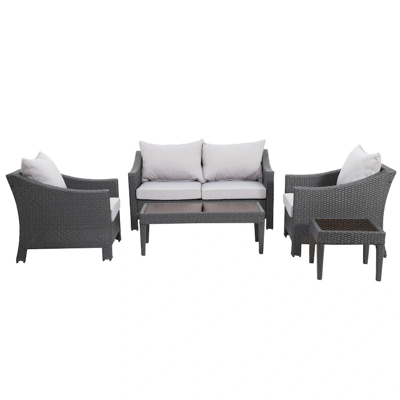 Grey Wicker Outdoor Chat Set 5-Piece with Loveseat Chairs Coffee Table