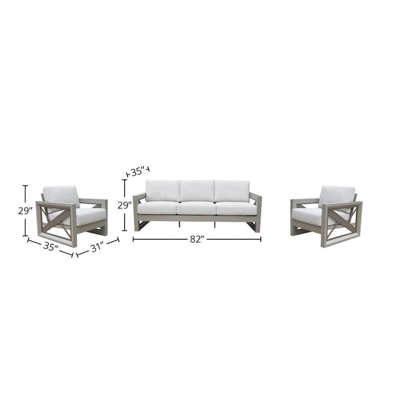 Gray Aluminum 3-Piece Outdoor Lounge Set with Cushions