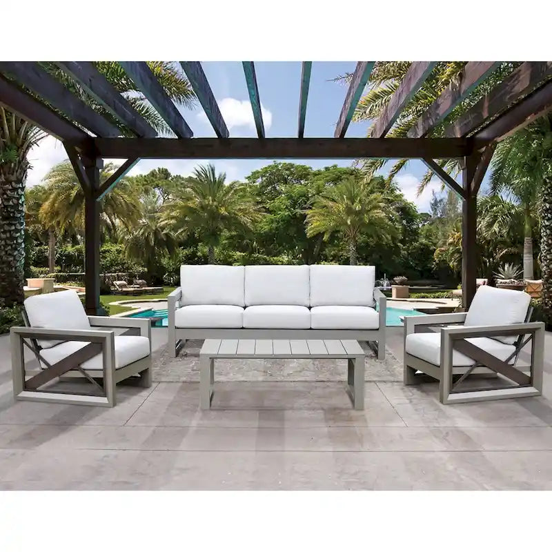 Gray Aluminum 3-Piece Outdoor Lounge Set with Cushions