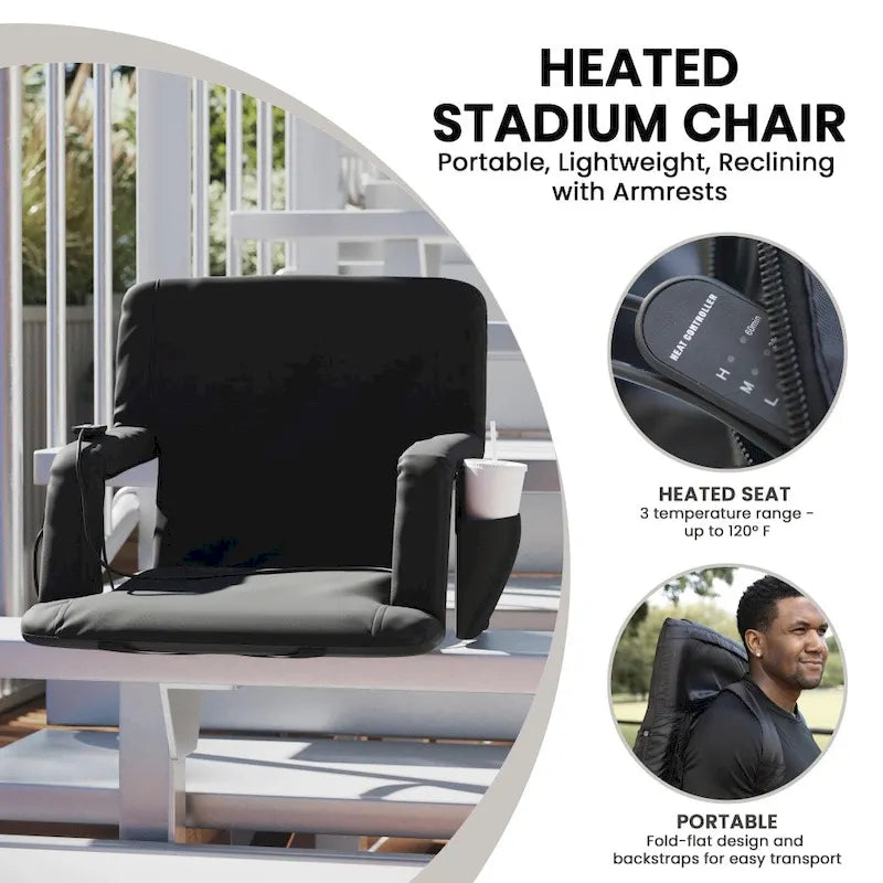 Foldable Reclining Stadium Chair with Backpack Straps and Heated Seat