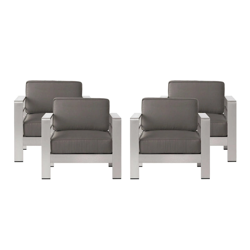 Silver Aluminum Outdoor Club Chairs with Cushions - Set of 4