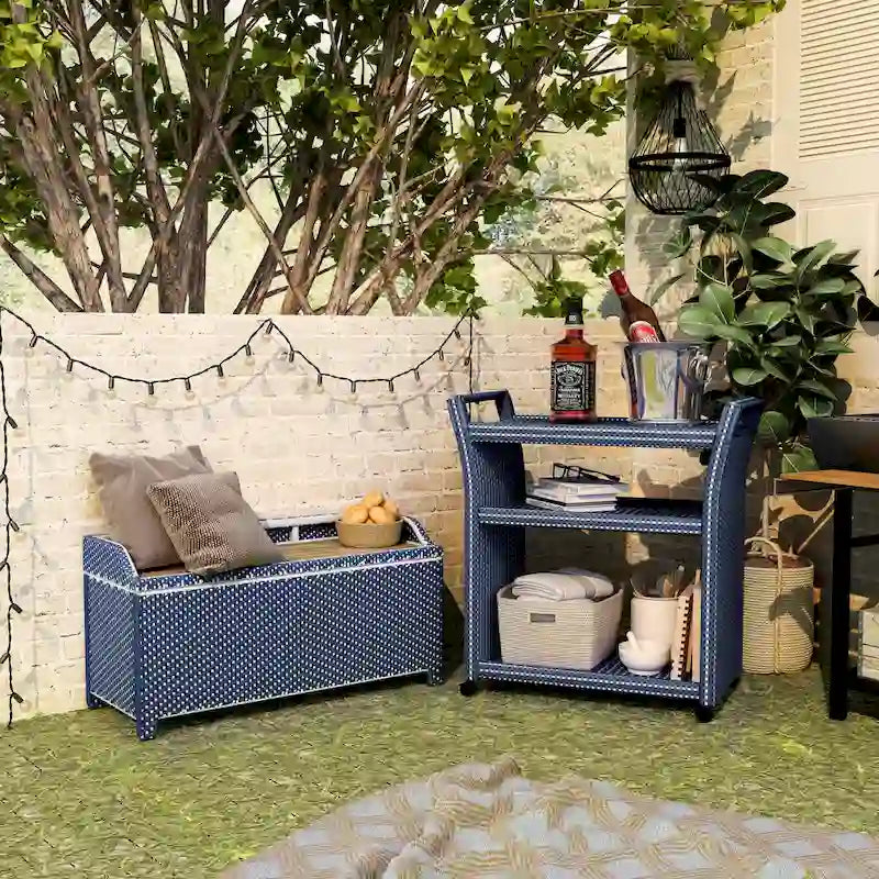 Navy White Wicker Storage Bench and Serving Cart 2-Piece Set