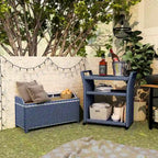 Navy White Wicker Storage Bench and Serving Cart 2-Piece Set