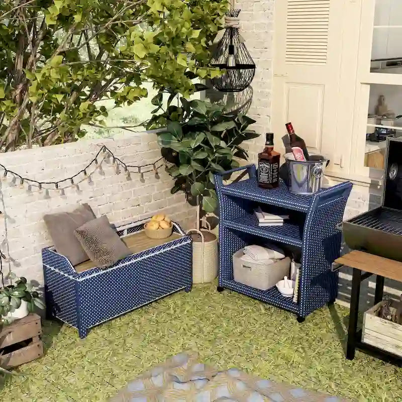 Navy White Wicker Storage Bench and Serving Cart 2-Piece Set