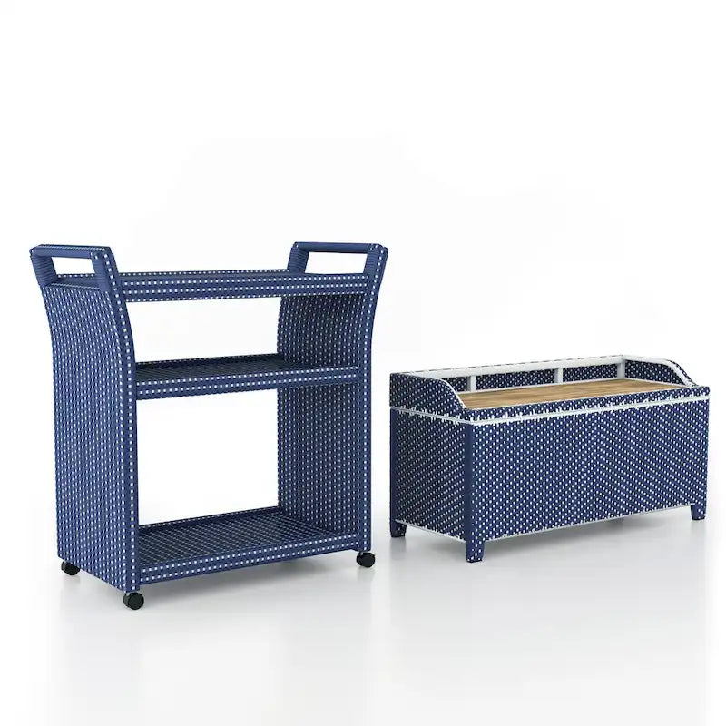Navy White Wicker Storage Bench and Serving Cart 2-Piece Set