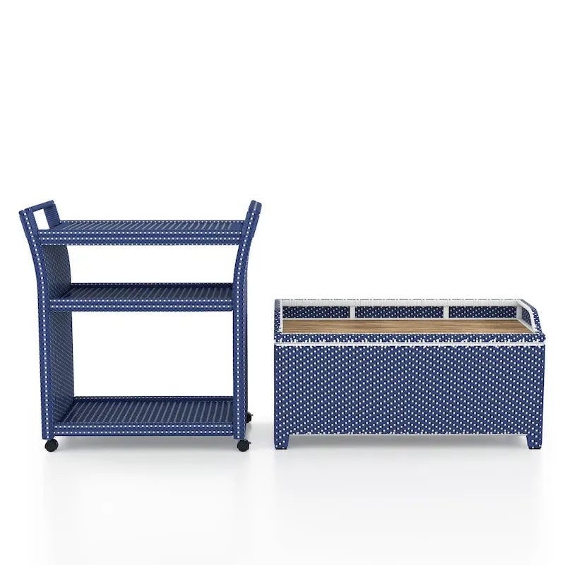 Navy White Wicker Storage Bench and Serving Cart 2-Piece Set