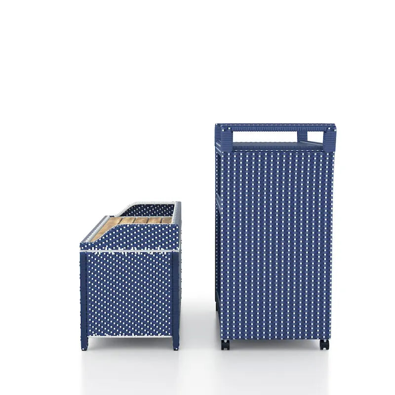 Navy White Wicker Storage Bench and Serving Cart 2-Piece Set