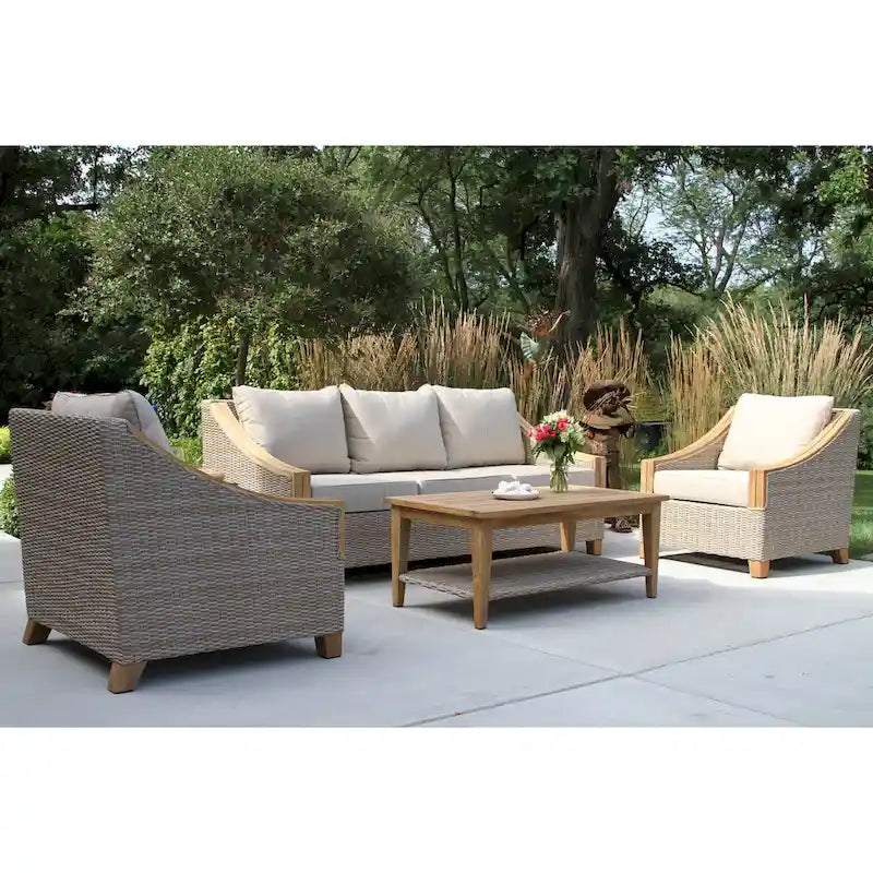 Gray Wicker Teak Sofa Set 4-Piece with Cushions