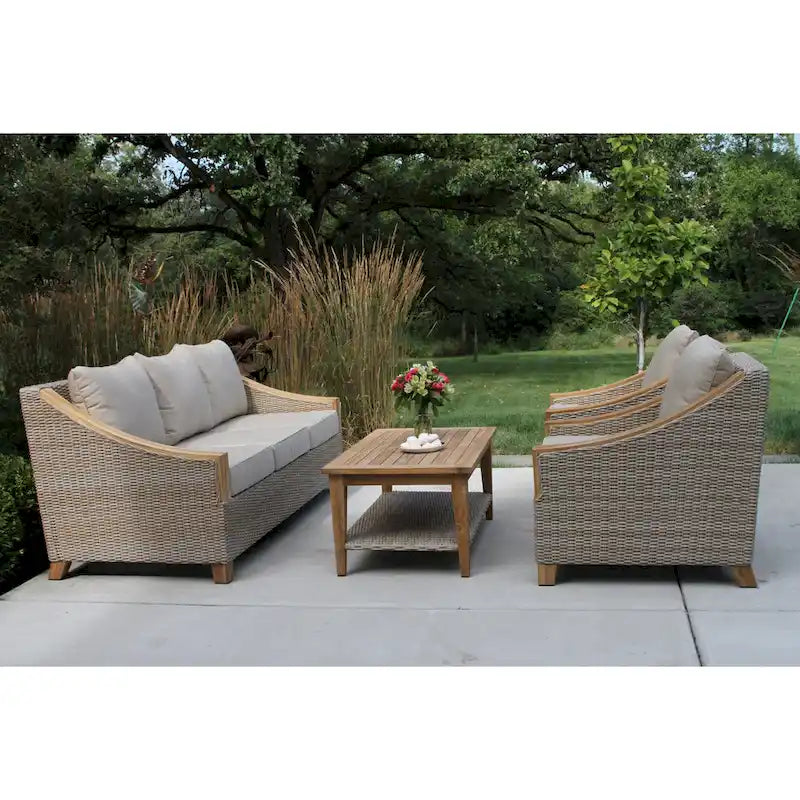 Gray Wicker Teak Sofa Set 4-Piece with Cushions