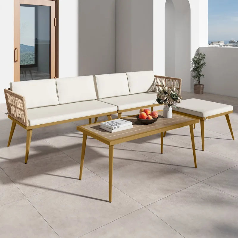 Moasis 4-Piece Outdoor Patio Conversation Set Wicker Sectional L-Shaped Sofa with Cushions and Side Table