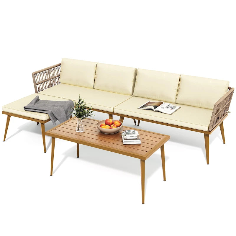 Moasis 4-Piece Outdoor Patio Conversation Set Wicker Sectional L-Shaped Sofa with Cushions and Side Table