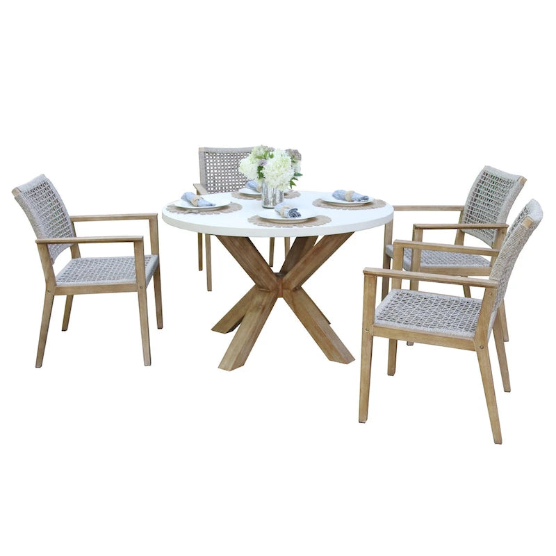 Cordelia 48  Ivory Composite Dining Table With 4 Wheat Rope Chairs