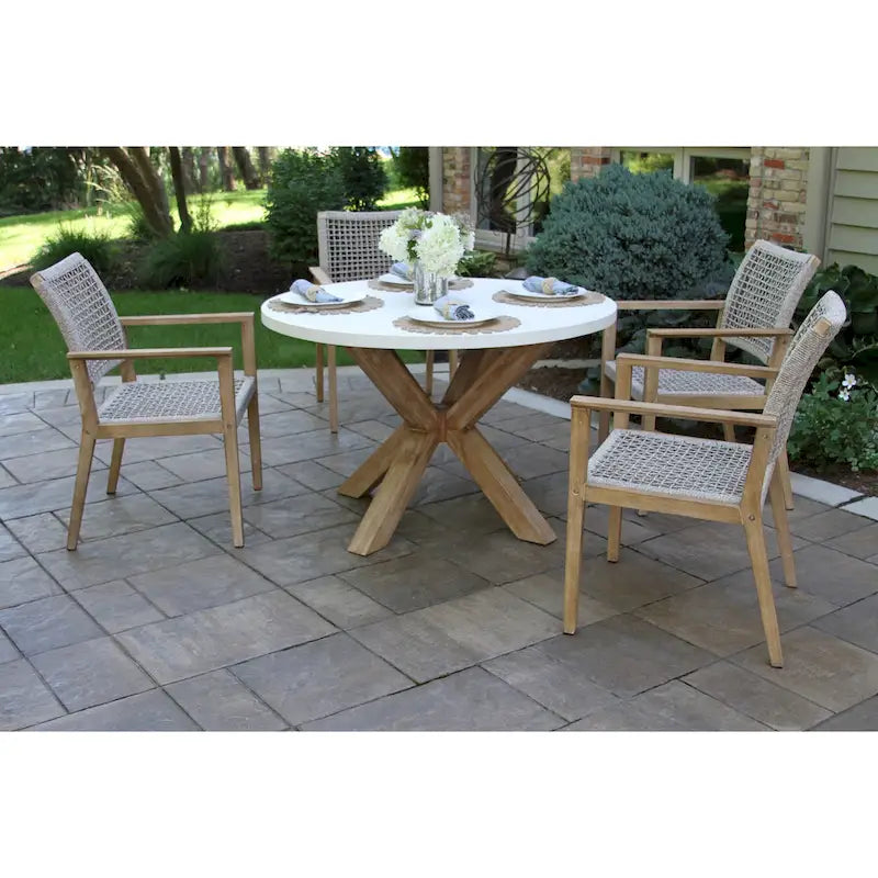 Cordelia 48  Ivory Composite Dining Table With 4 Wheat Rope Chairs